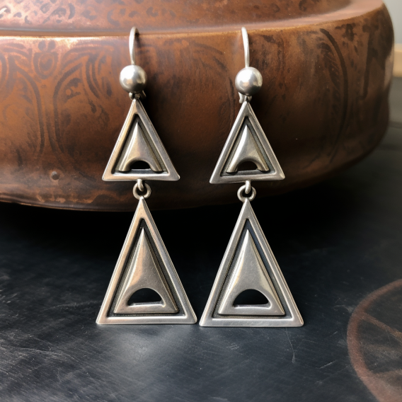 Image showcasing a pair of silver triangular drop earrings circa 1960s.