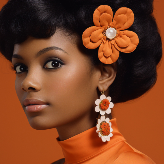Image showcasing 1960s woman wearing orange flower earrings with matching flower hair clip, orange top on orange background.