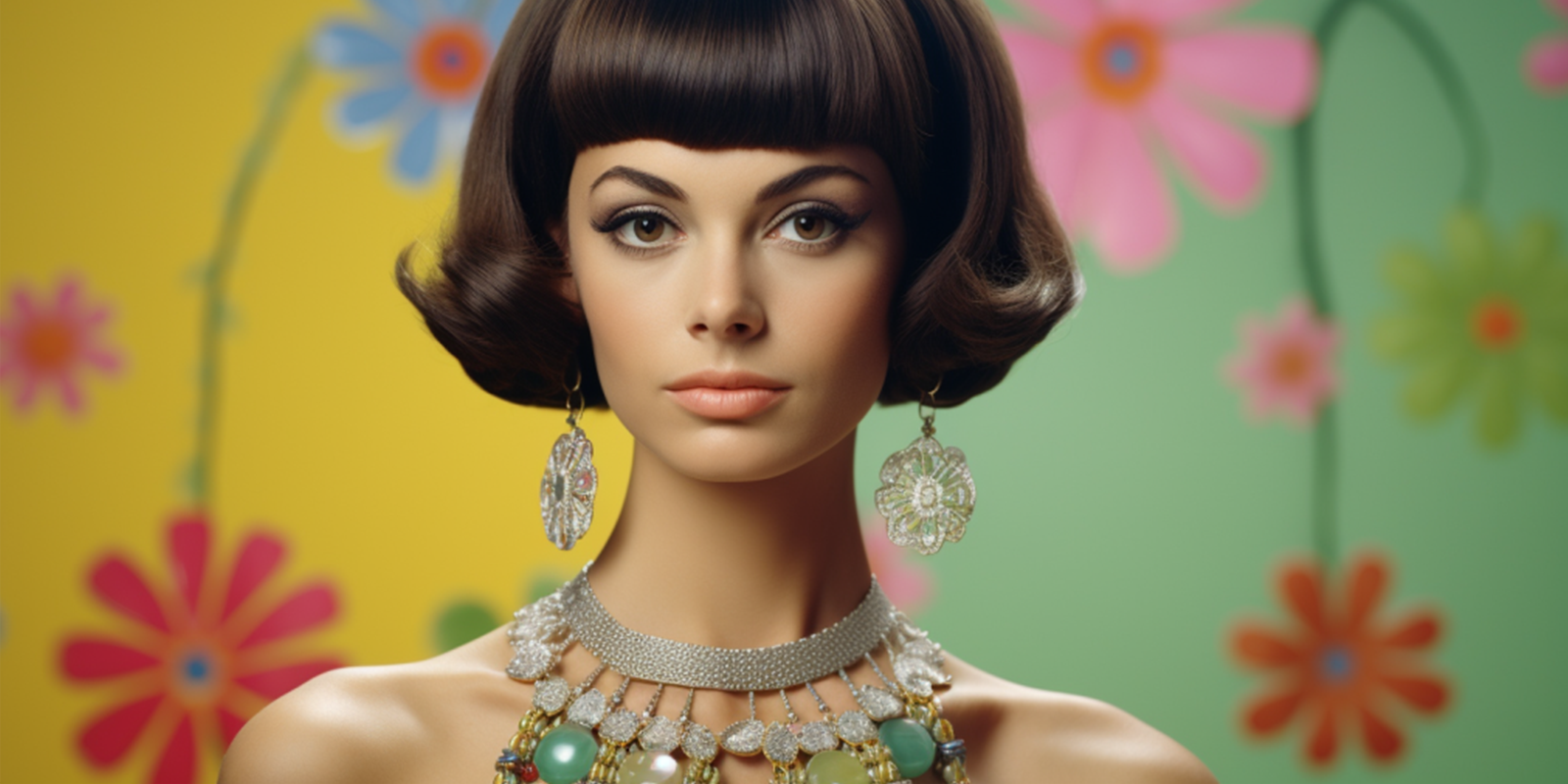 Featured image of 1960s woman with short brown hair wearing long flower earrings and geometric necklace with flower patterns in the background