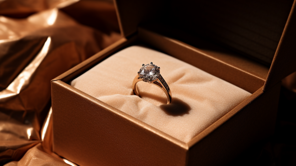 Image showcasing diamond ring inside MJR shipping box
