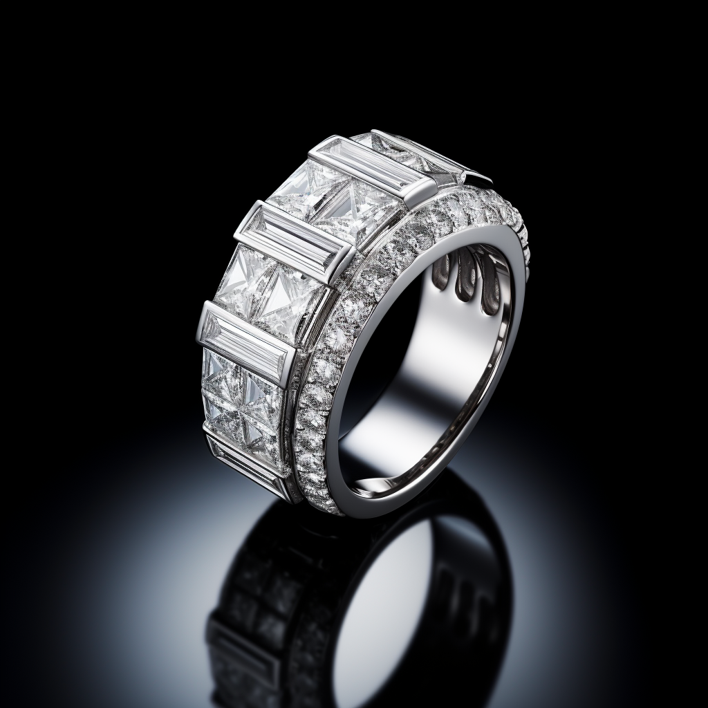 Photo of invisible setting diamond ring on black shiny surface and black background.