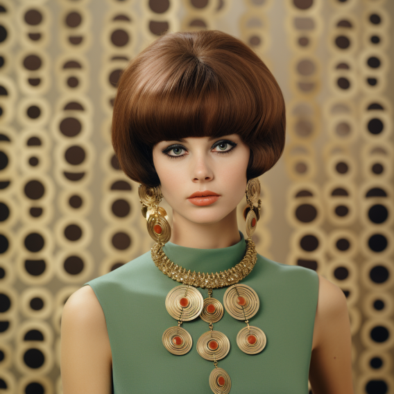 Image showcasing woman from the 1960s wearing sage green dress with big hair wearing matching gold circular earring and necklace set with orange in the middle.