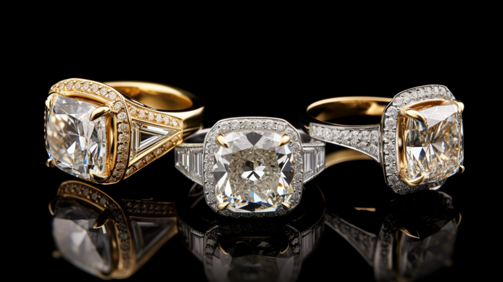 Photo of three different styled diamond rings on black shiny surface and black background.