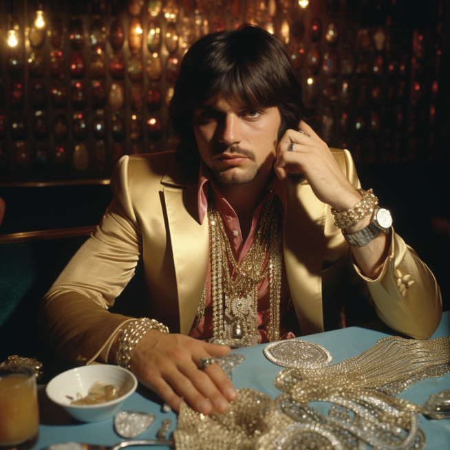 1970s man wearing yellow gold jewelry and gold blazer touching yellow gold jewelry on the table