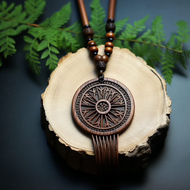 Image of bohemian wood necklace with tribal wood pendant