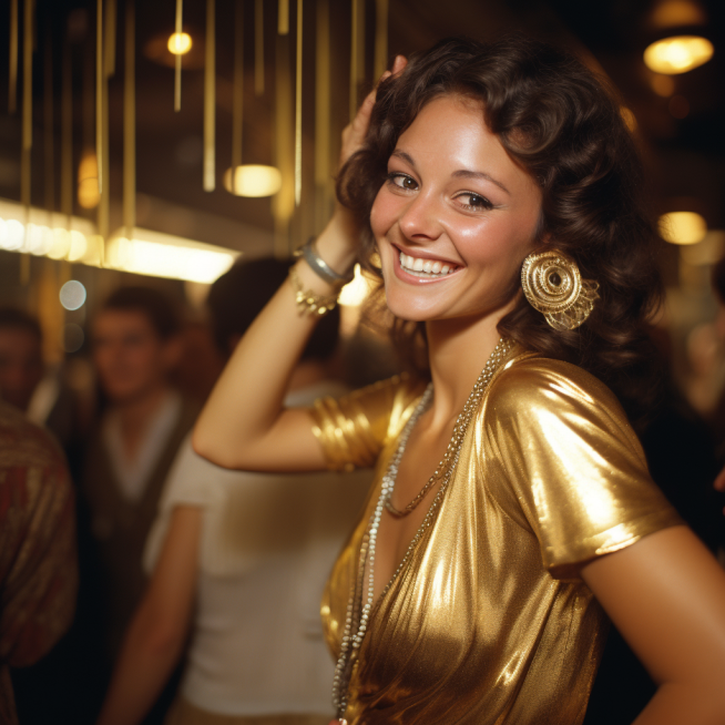 Image of 1970s woman at the disco wearing gold top with matching gold jewelry 
