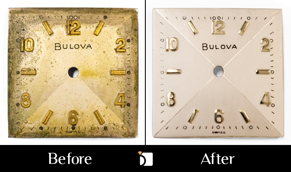 Before & After #150 Vintage Square Bulova Dial Transformation from Premier Watch Dial Restoration Services
