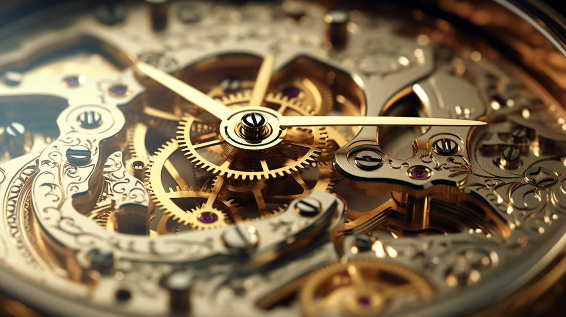 Close-up photo of the mechanisms in a gold watch