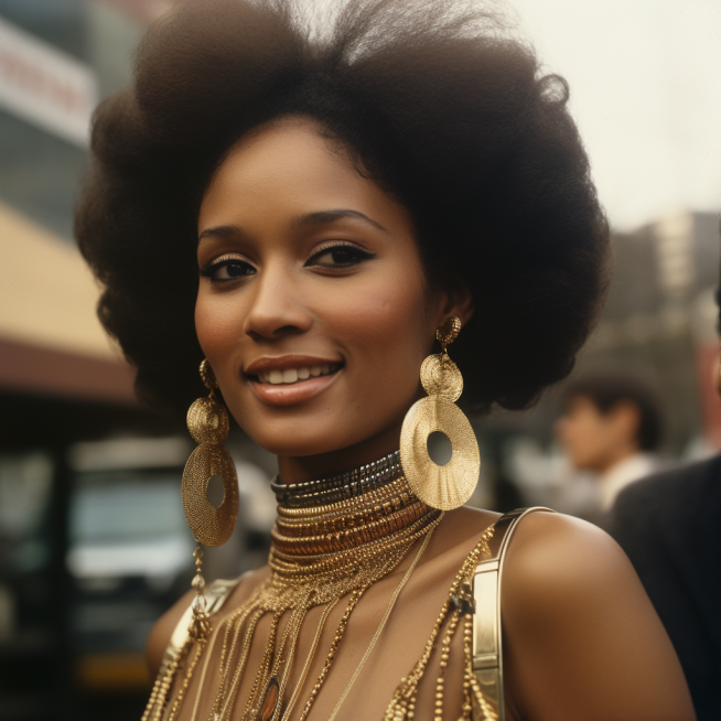 Image of woman in the 1970s wearing gold drop earrings and layered necklaces