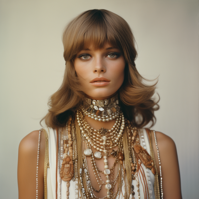 Image of 1970s woman wearing layered necklaces of different materials 