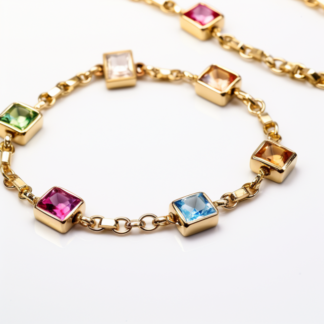 photo of chunky gold chain bracelet with various gemstone charms