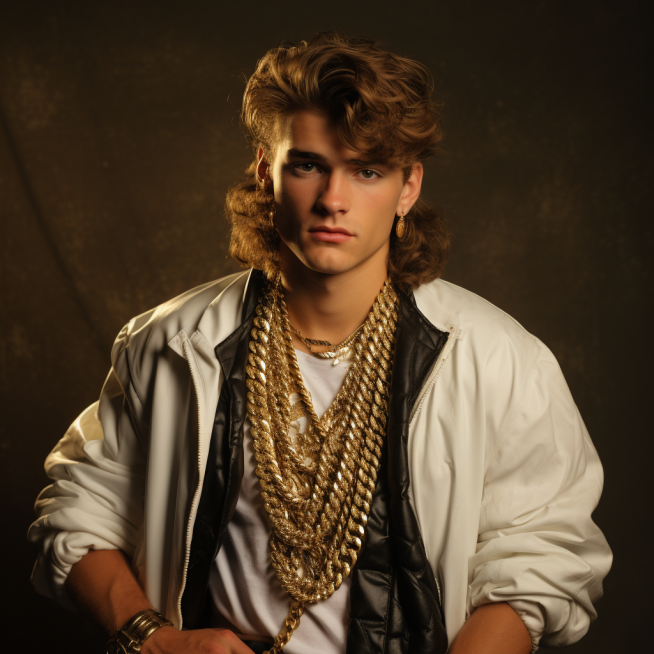 photo of man in the 1980s wearing chunky gold chain necklaces