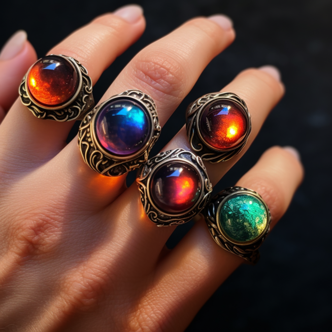 photo of colorful mood rings on hand
