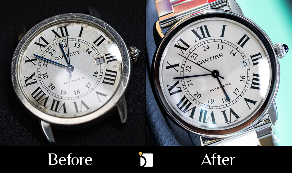 Before & After #154 Vintage Cartier Timepiece Restored by Professional Dial Refinishing Premier Watch Servicing for Quartz Movements