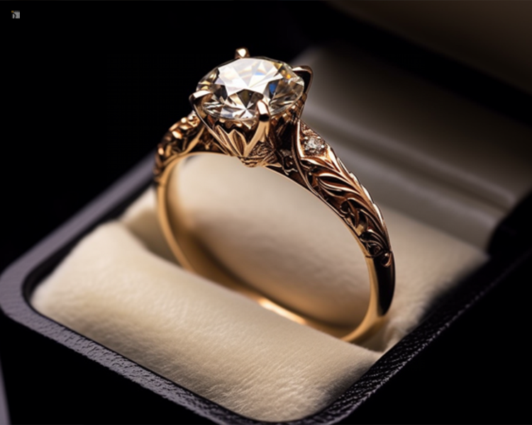 Restored Diamond Gold Engagement Ring Displayed in Proposal Box in Dim Room