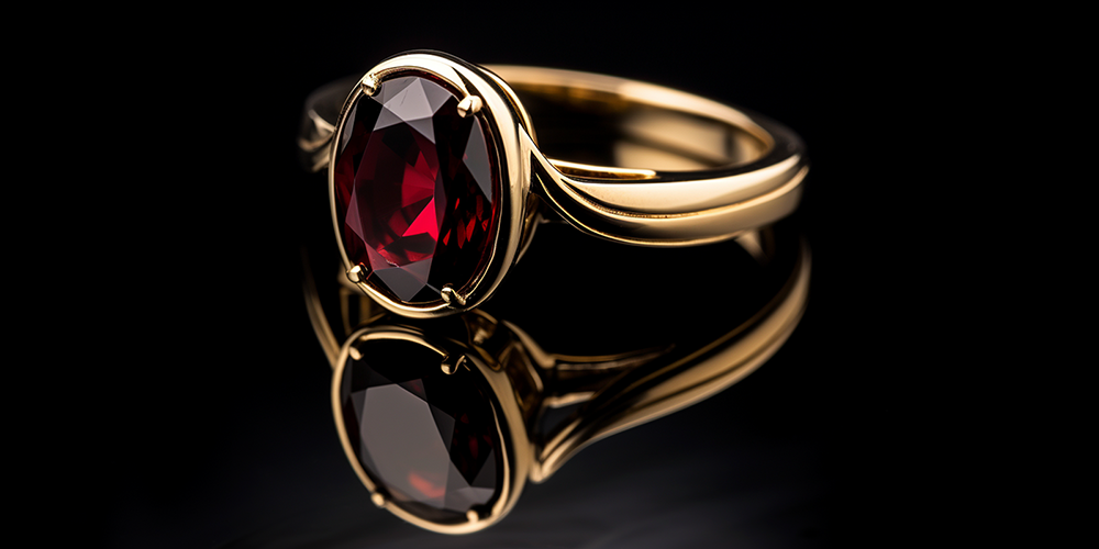 Red Garnet Gemstone Ring Reflected on Black Background January Birthstones