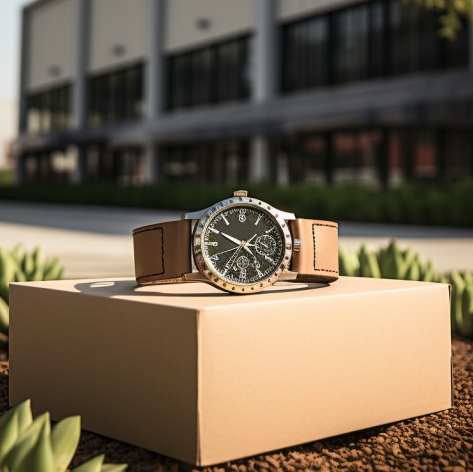 Photo of watch on top of shipping box outside of facility