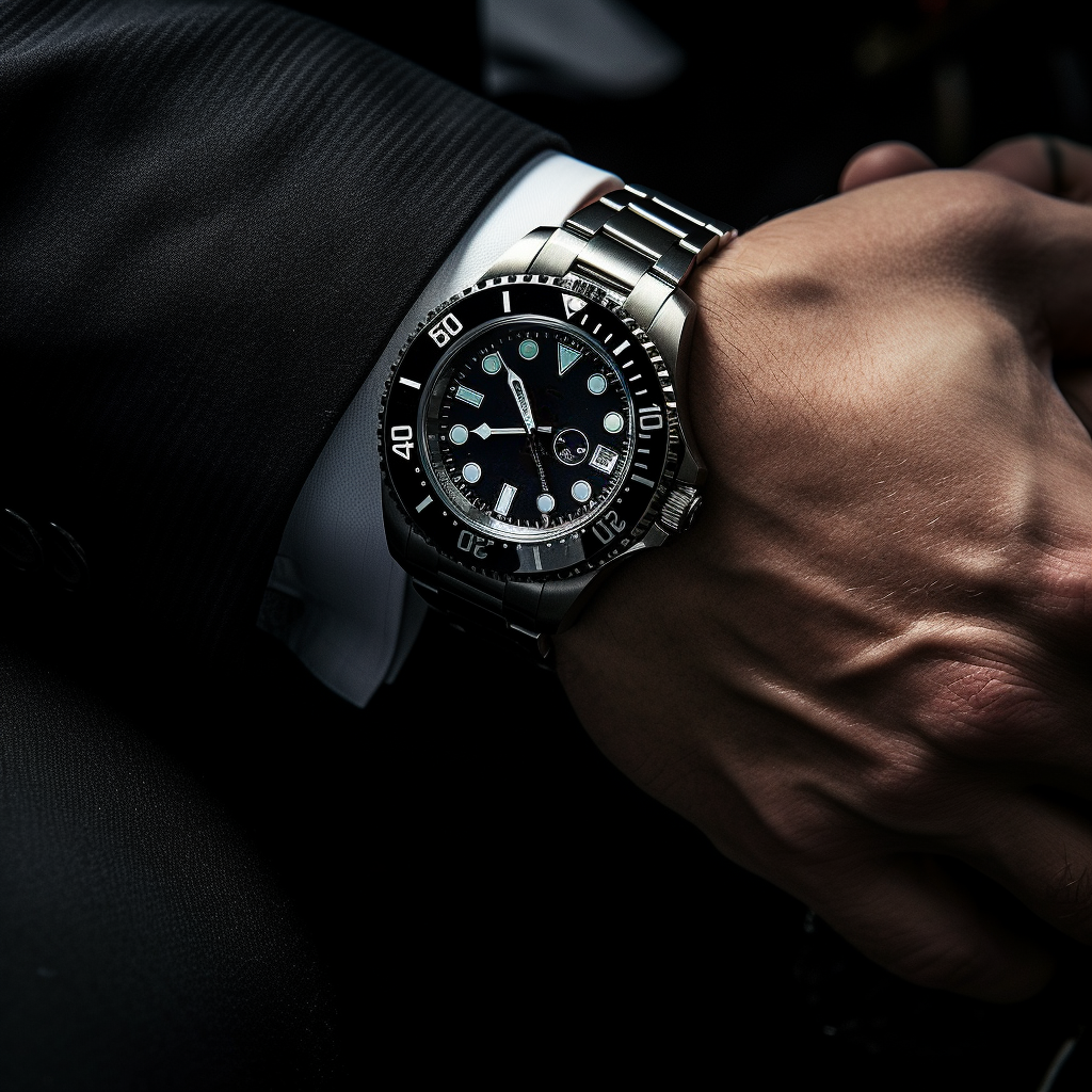 Photo showcasing a man's arm in a suit wearing dive watch
