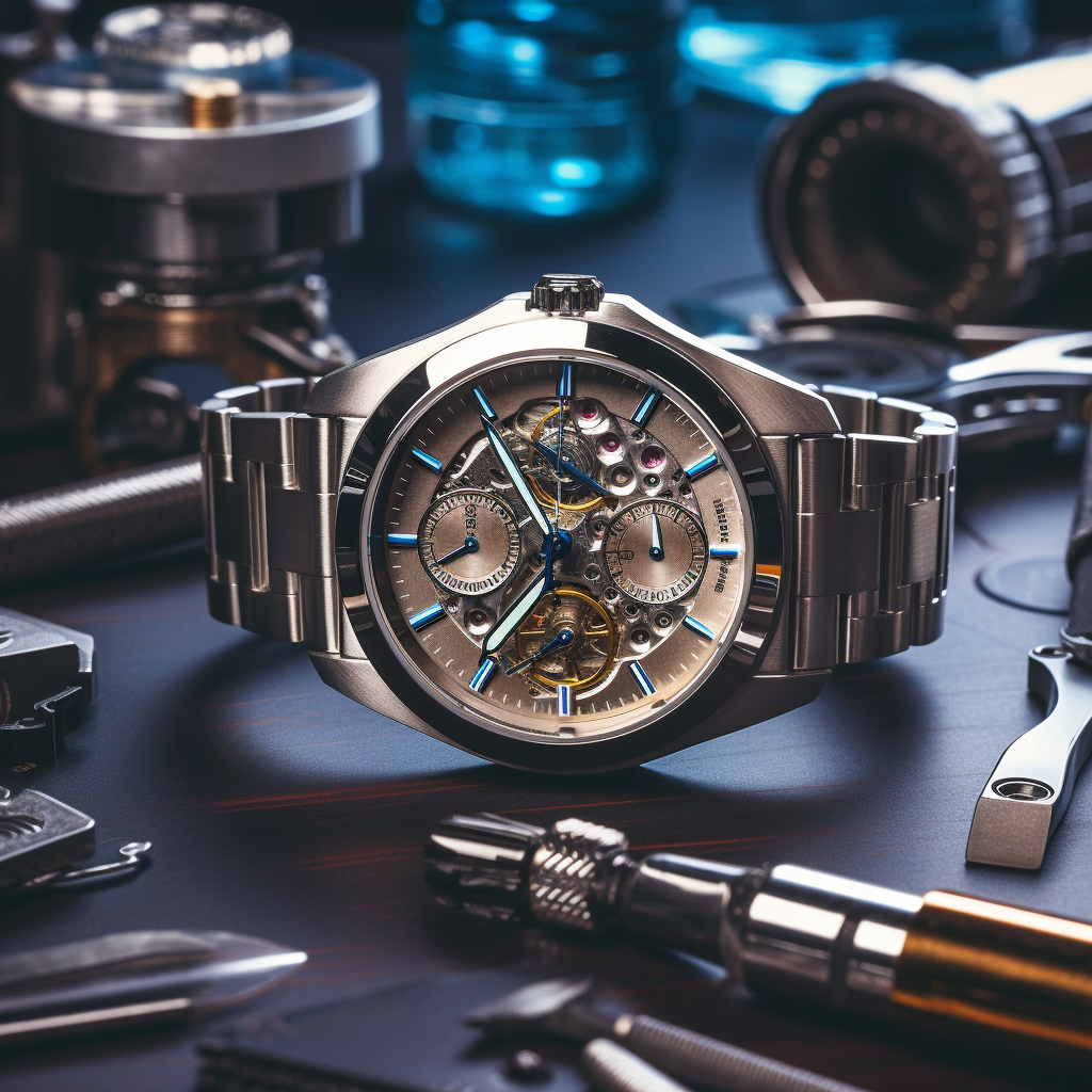 Photo showcasing watch sitting on top of watchmaker's desk with repair tools in the background