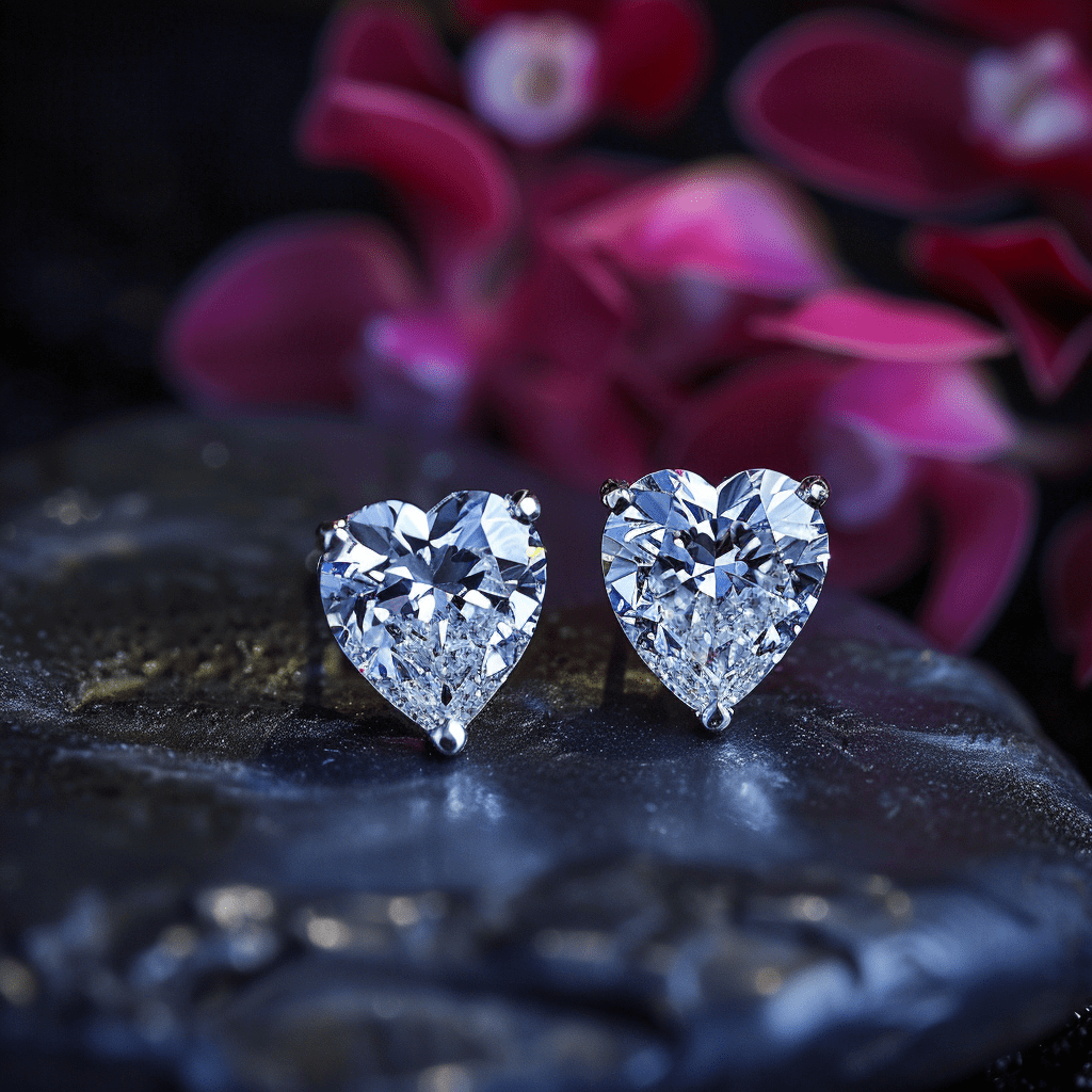 Photo showcasing a pair of heart-shaped diamond stud earrings