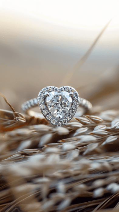 Photo showcasing heart-shaped diamond ring on a field of wheat