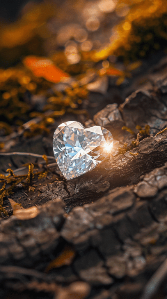 Photo showcasing heart-shaped diamond on tree branch under warm light reflecting the sun