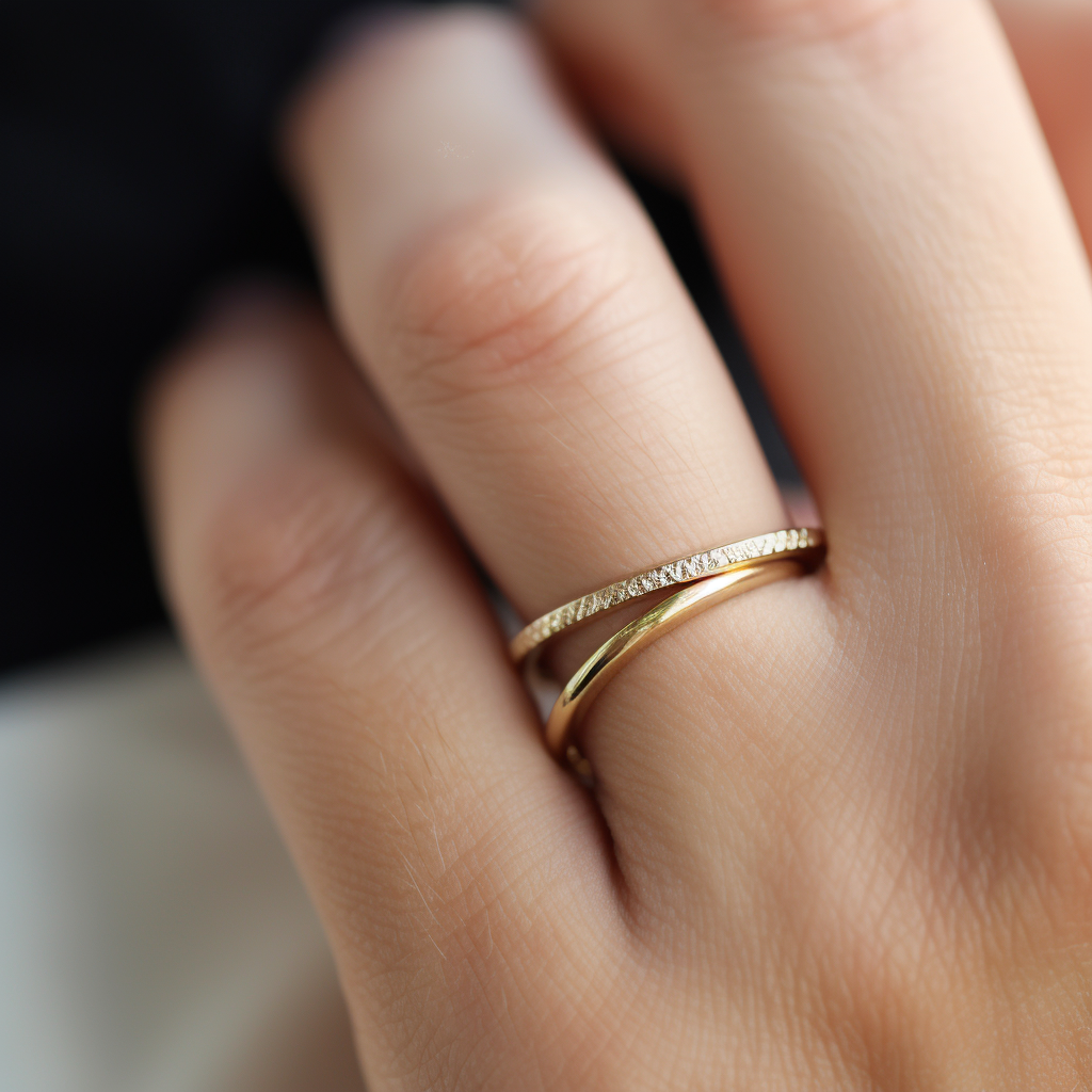 Photo showcasing gold wedding bands on left finger of left hand.