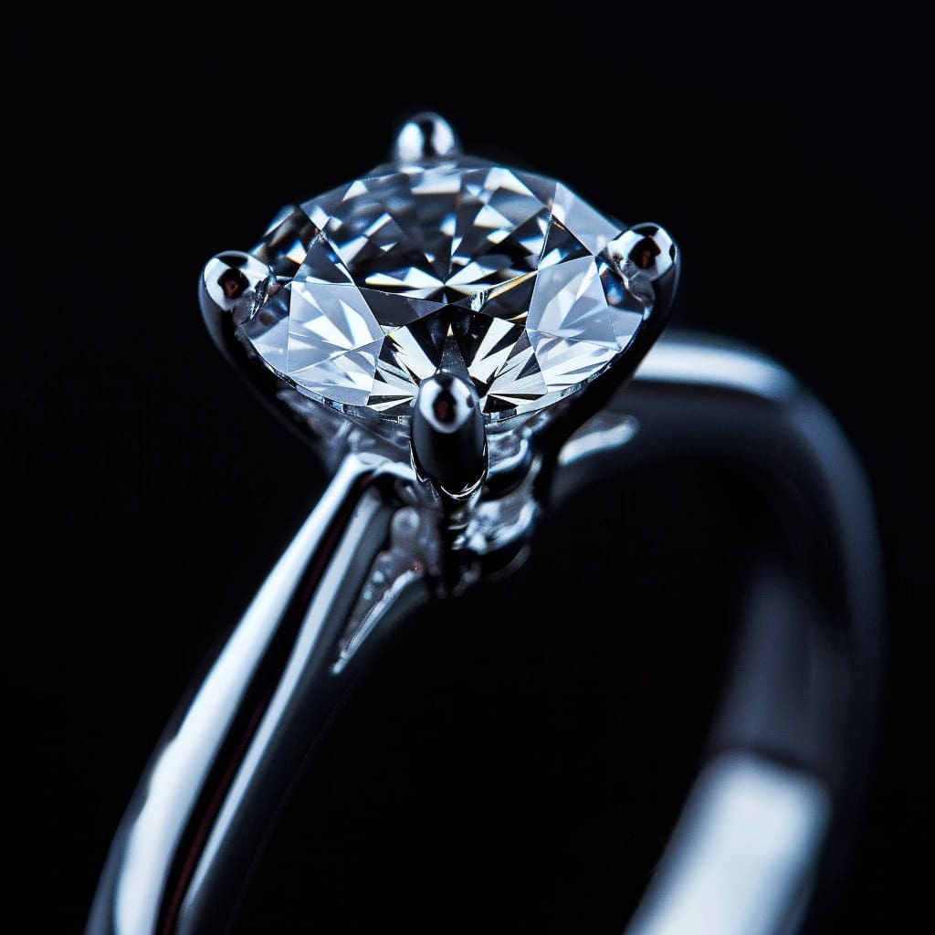 Close up photo of diamond engagement ring on black background