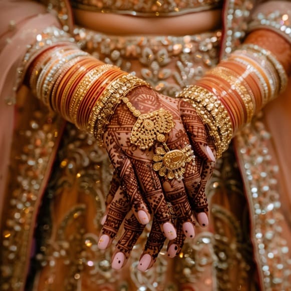 Photo showcasing Indian Bride wearing traditional wedding jewelry and henna on hands