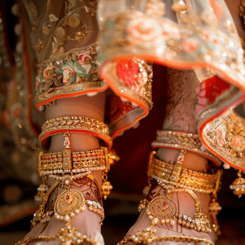 Photo showcasing Indian Bride wearing payals or ankle bracelets.