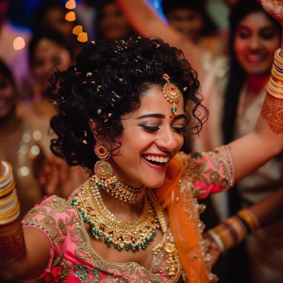 Photo showcasing Indian Bride wearing traditional wedding jewelry dancing at her wedding 