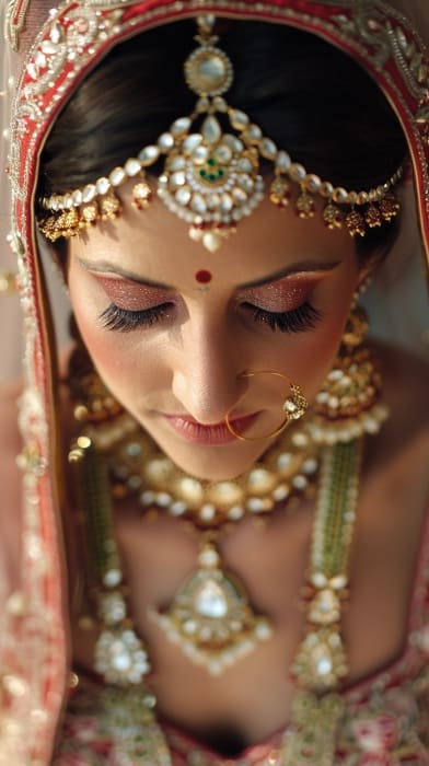 Photo showcasing Indian Bride wearing traditional wedding jewelry