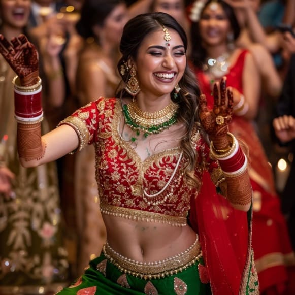 Photo showcasing Indian Bride wearing traditional wedding jewelry with gemstones dancing