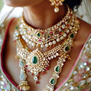 Photo showcasing Indian Bride wearing traditional wedding necklace with emeralds