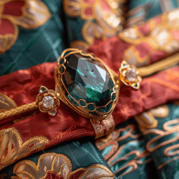 Photo of traditional Japanese gold obidome with green gemstone