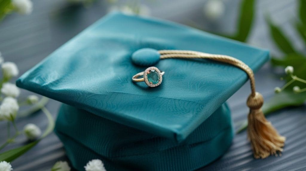 Photo showcasing gemstone ring restored sitting on top of graduation cap.
