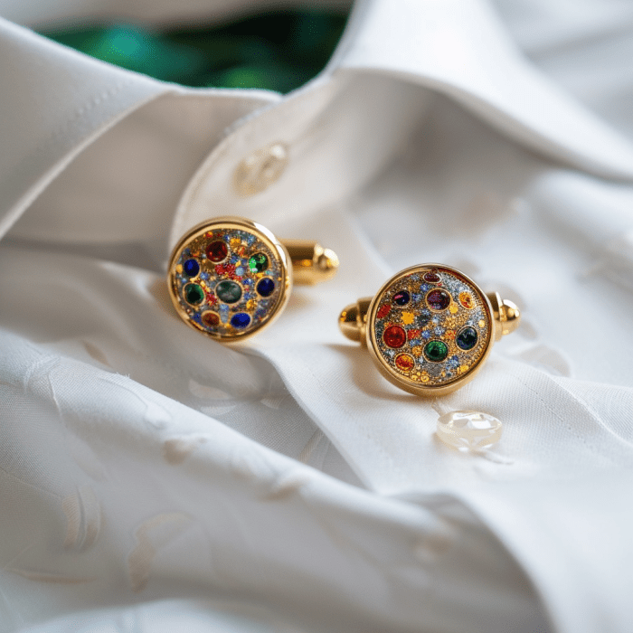 Photo of multi-colored gemstone cufflinks.