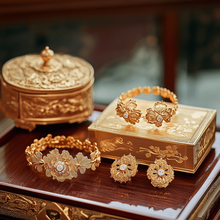 Photo of Southern Chinese "Four Pieces of Gold" gold jewelry pieces.