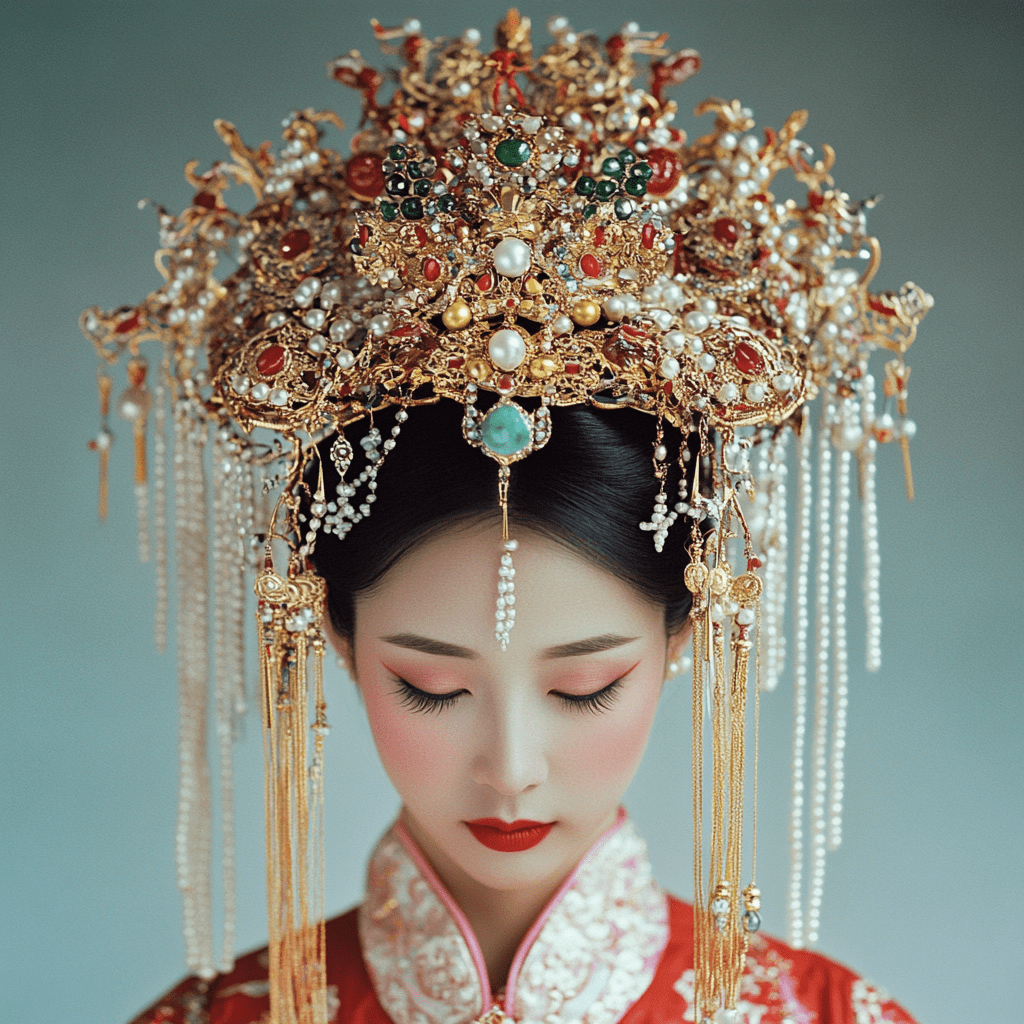 Photo of Chinese bride wearing traditional gold headdress with pearls and jades.