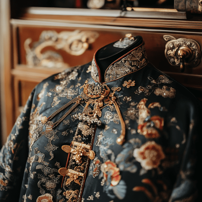 Photo of blue Chinese robe with gold jewelry and accents