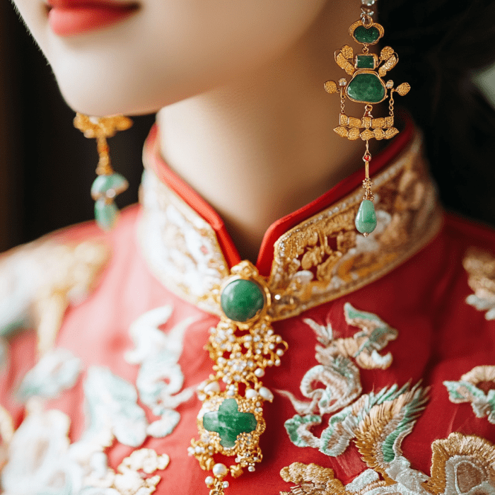 Photo of traditional Chinese bride wearing gold and jade earrings and necklace