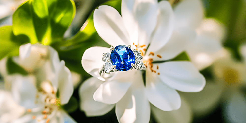 Blue Sapphire Gemstone Ring Fine Jewelry Restored Displayed in White Flower Garden Bed