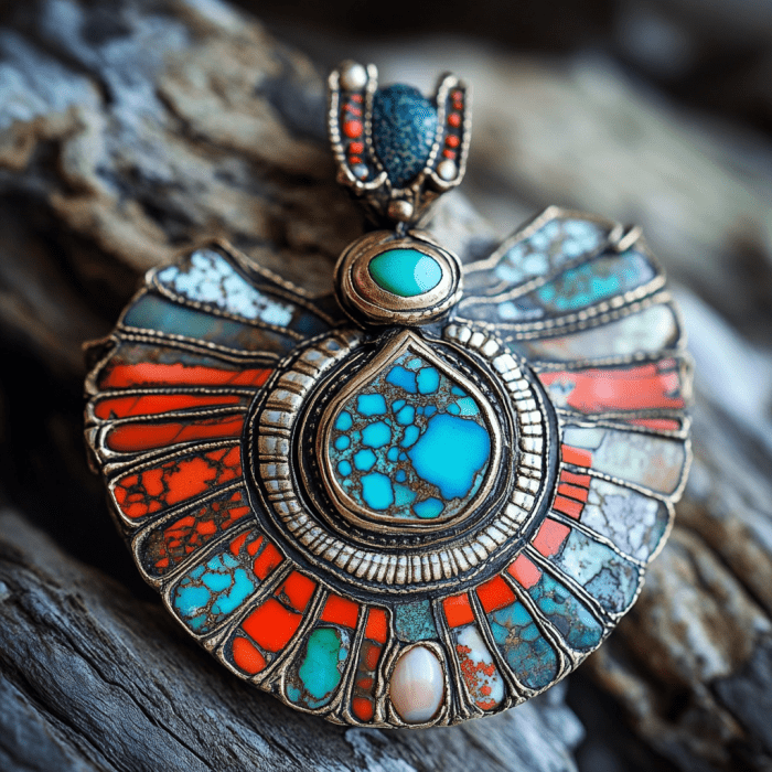 Image showcasing Native American abalone, coral, and turquoise earring 