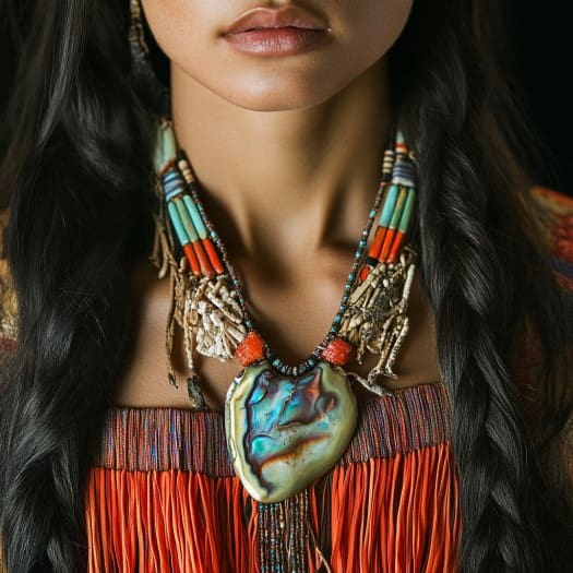 Image showcasing Native American abalone, coral, and turquoise necklace 