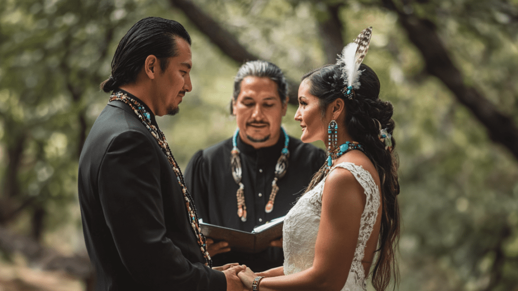 Image showcasing Native American wedding couple at the altar