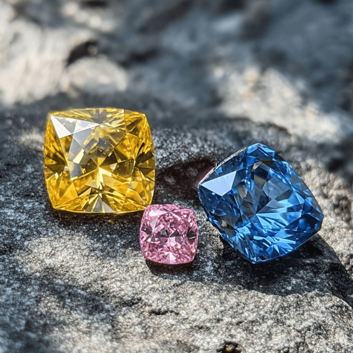 Image showcasing small pink diamond next to big yellow diamond and big blue diamond