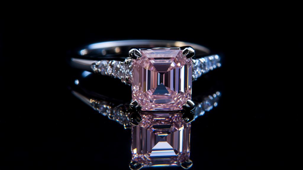 Image showcasing pink diamond ring on dark background