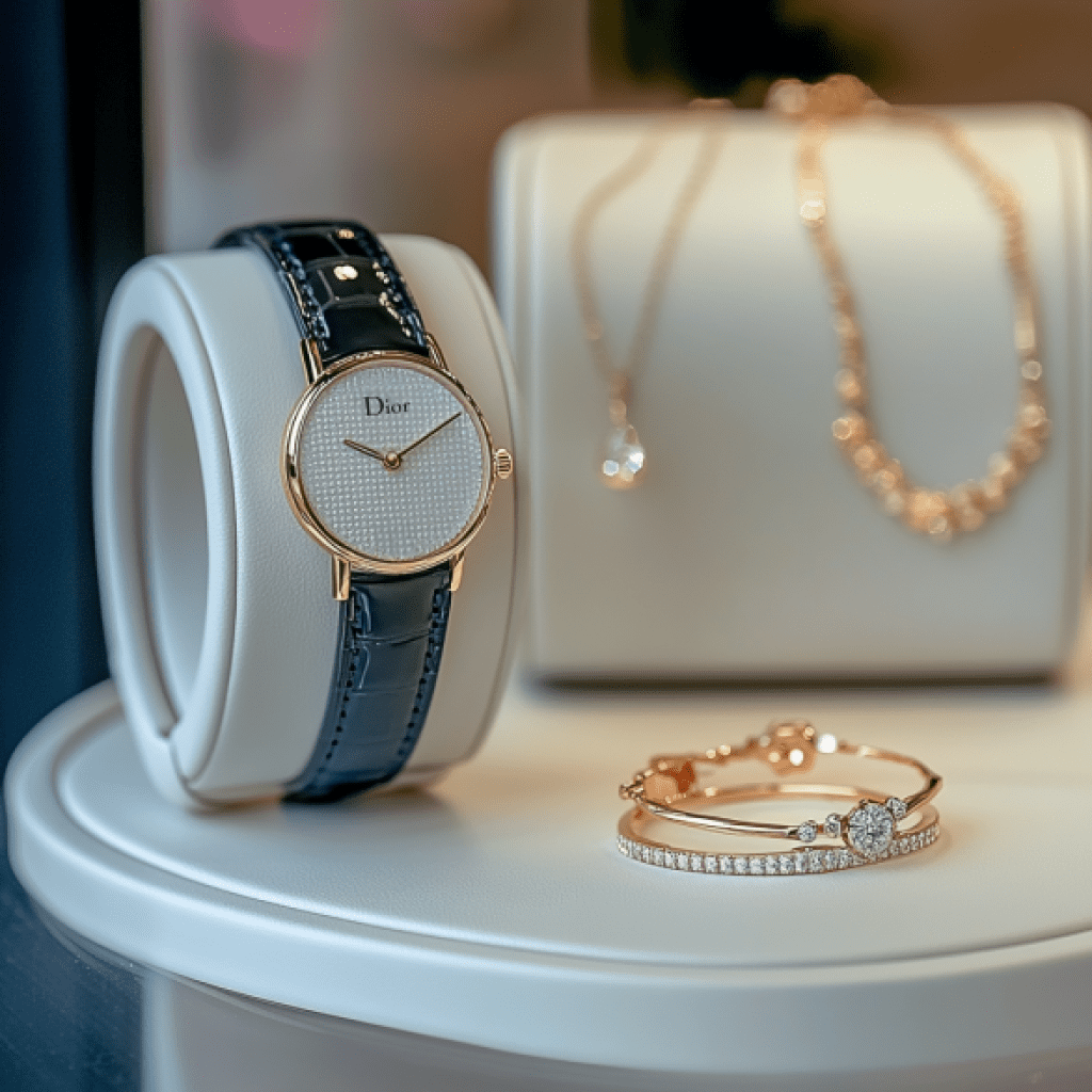 Image showcasing Dior watch and jewelry