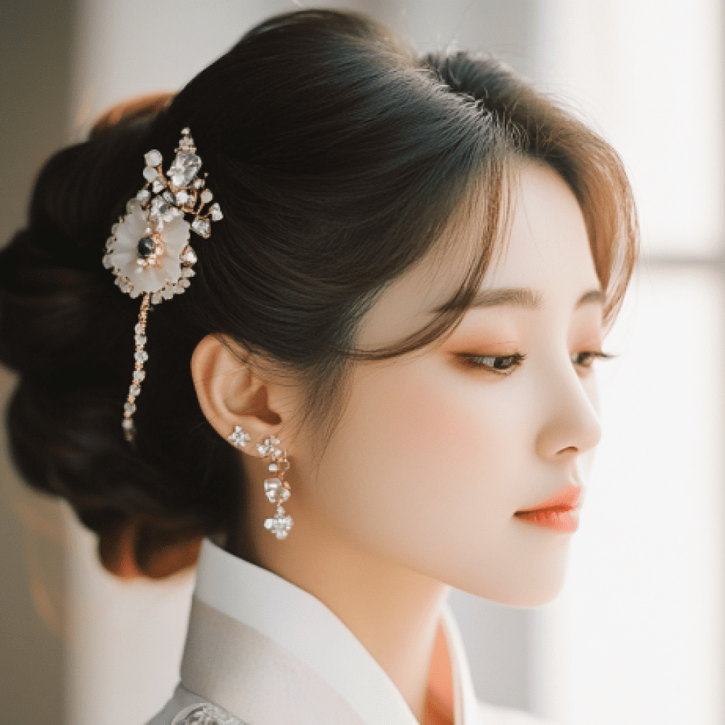 Image showcasing South Korean bride wearing binyeo hairpin and earrings