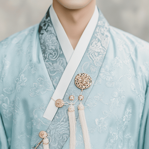 Image showcasing South Korean groom wearing special brooches and buttons on robe